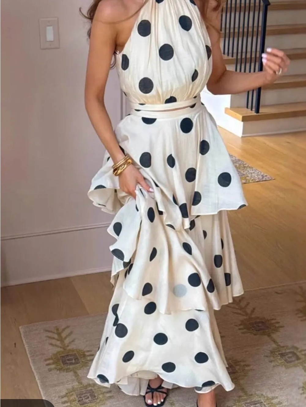 Lena Cream Halter Tiered Maxi Dress with Black Polka Dots